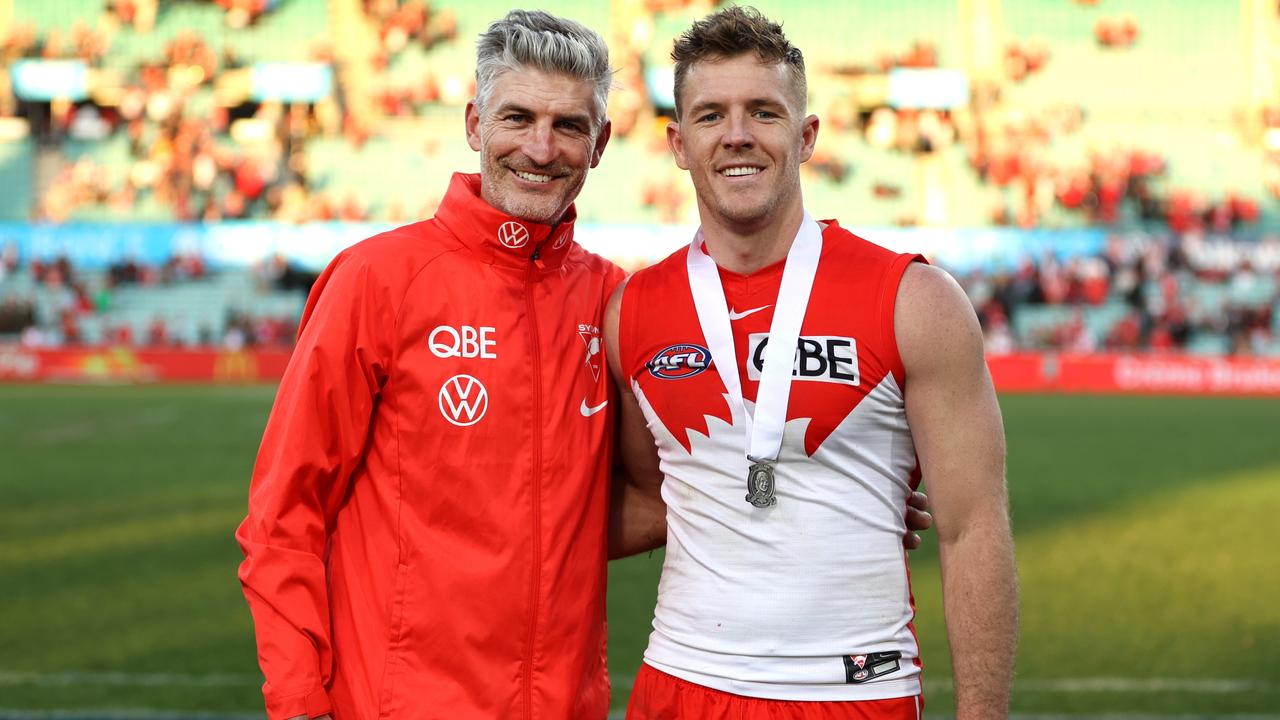 Ex-Swans star-turned-head of wellbeing and development Brett Kirk, pictured with Luke Parker, believes the club’s housing program is part of its success. Picture: Phil Hillyard