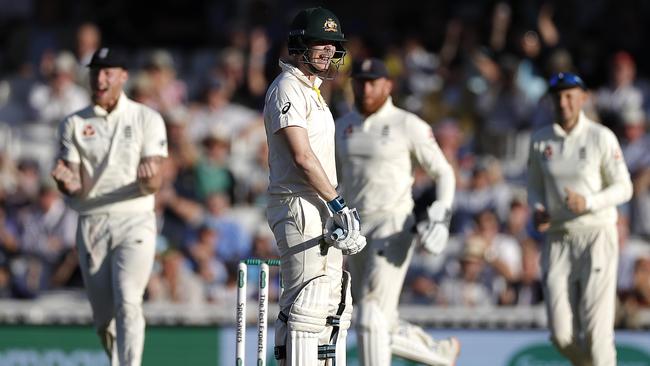 Smith weighs up challenging his dismissal before leaving the field. Picture: Getty Images