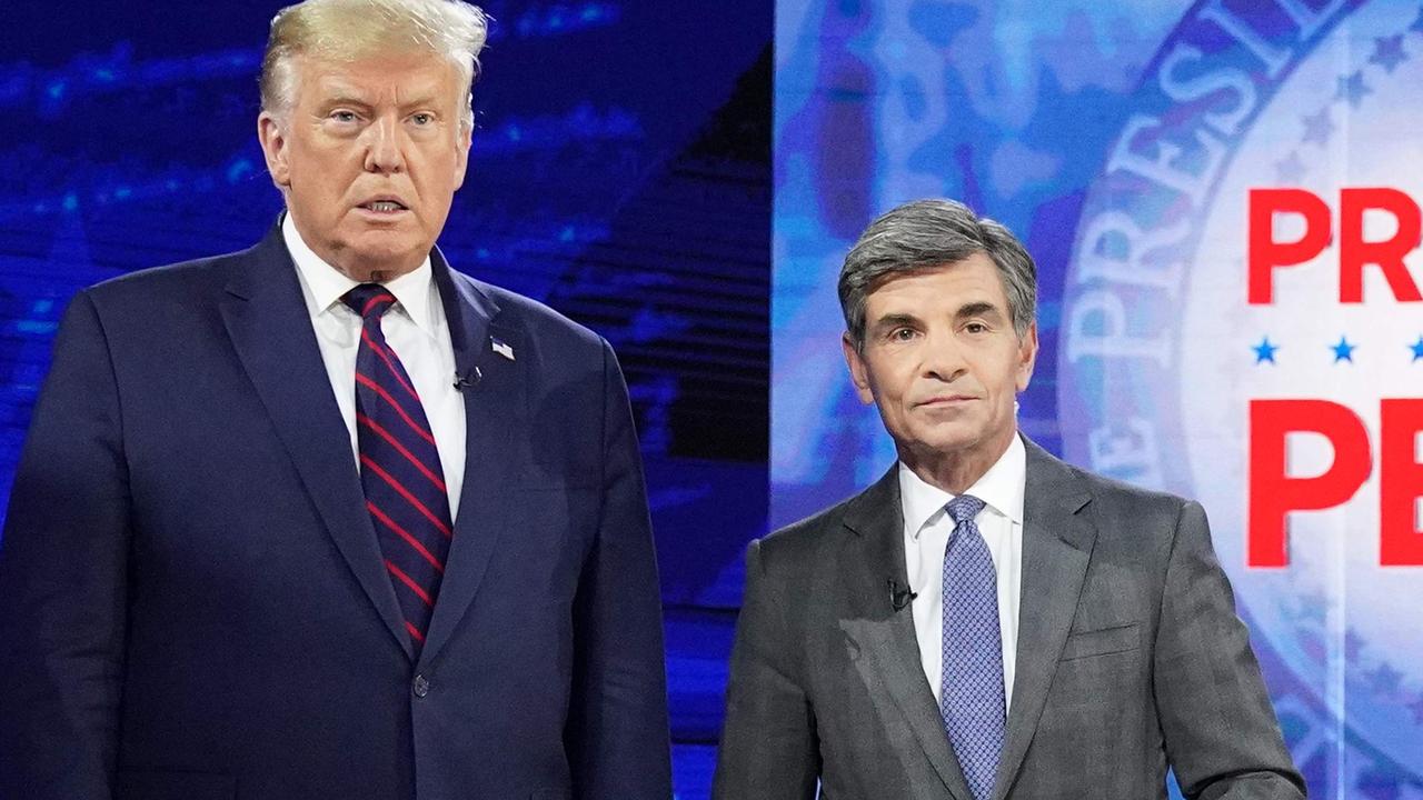 Mr Trump and Mr Stephanopoulos during a televised event in the last election campaign, in 2020. Picture: Mandel Ngan/AFP