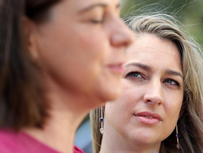 LNP candidate for Currumbin Laura Gerber watches leader Deb Frecklington announce her candidacy. Picture: Adam Head