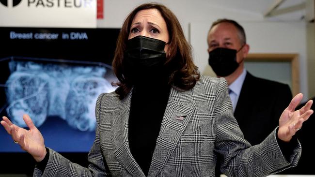 ‘It is good to be in France’: Kamala Harris visits the Pasteur Institute in Paris on Tuesday. Picture: AFP