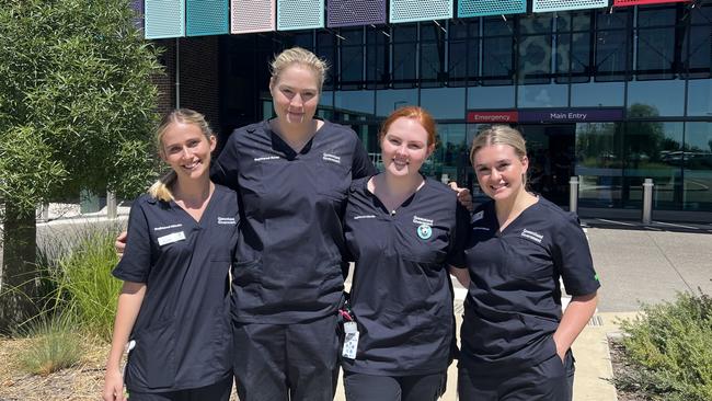 Four registered nurse graduates who will be doing their initial rotation at Roma Hospital (left to right) Annabel Amos-Sillar, Lauretta Peterson, Britney Hackney and Sophie Ewing. Picture: South West Hospital and Health Service.