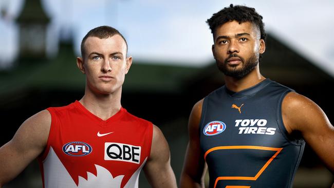 Sydney's Chad Warner and Giants Connor Idun at the SCG for the launch of the Sydney Derby XXVII between the Sydney Swans and the GWS Giants. Photo by Phil Hillyard(Image Supplied for Editorial Use only - **NO ON SALES** - Â©Phil Hillyard )