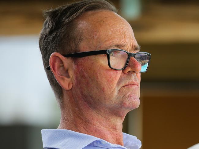 SYDNEY, AUSTRALIA - NewsWire Photos MARCH 09, 2021:   Liberal State member Peter Sidgreaves for Campbletown (left) looks on during a Community Meeting about compulsory land acquisitions and rezoning near the Western Sydney Airport in Sydney, Australia. Picture: NCA NewsWire / Gaye Gerard