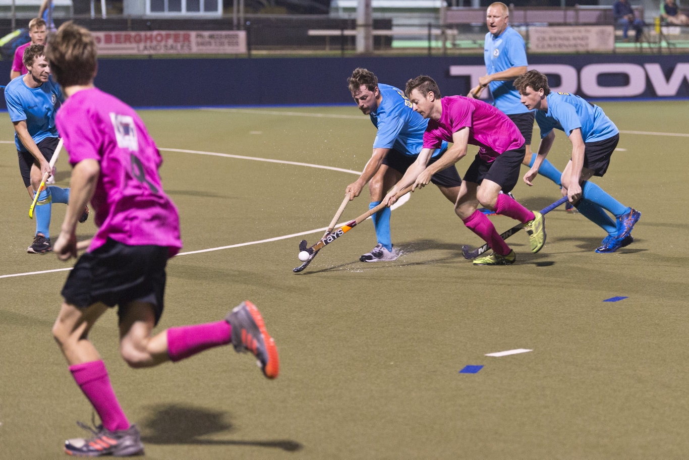 Craig Smith of Pink Batts (centre) under pressure from SQPS Scorers players Michael Boyd (left) and Henry Cronk in Iron Jack Challenge mens hockey at Clyde Park, Friday, February 28, 2020. Picture: Kevin Farmer