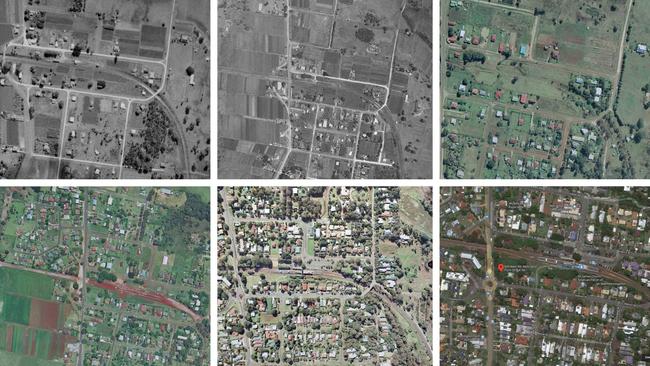 Aerial shots of Main Rd, Wellington Point showing the development starting from top left: 1946; 1960; 1973; 1985; 1999 and today.