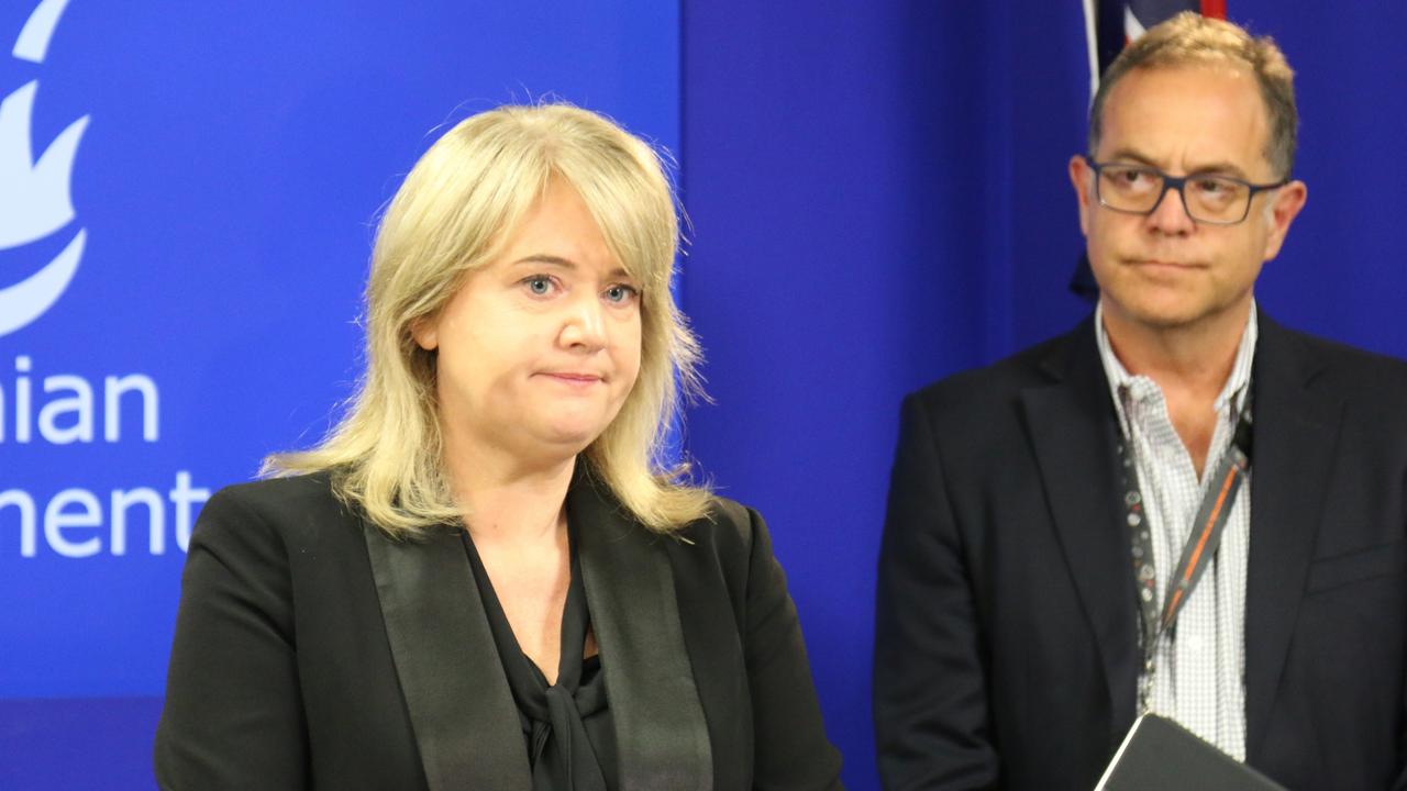 Racing Minister Madeleine Ogilvie and Department of Natural Resources and Environment acting secretary Jason Jacobi at a media conference in Hobart on Monday, March 27, 2023.