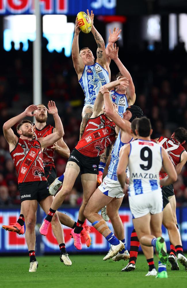 Cameron Zurhaar flies for the ball at Marvel Stadium. Picture: Quinn Rooney/Getty Images.