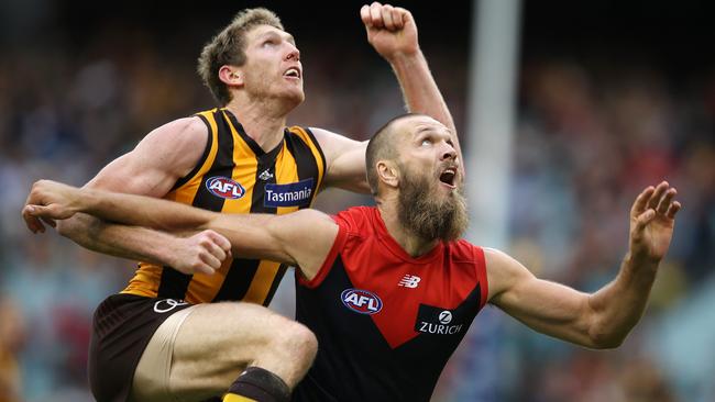 Ben McEvoy climbs over Max Gawn. Picture: Michael Klein