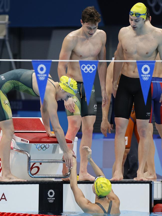 Australia’s Kaylee McKeown, Matthew Temple, Zac Stubblety-Cook and Emma McKeon (in water) celebrate their 4x100m mixed medley relay gold medal. Picture: Alex Coppel