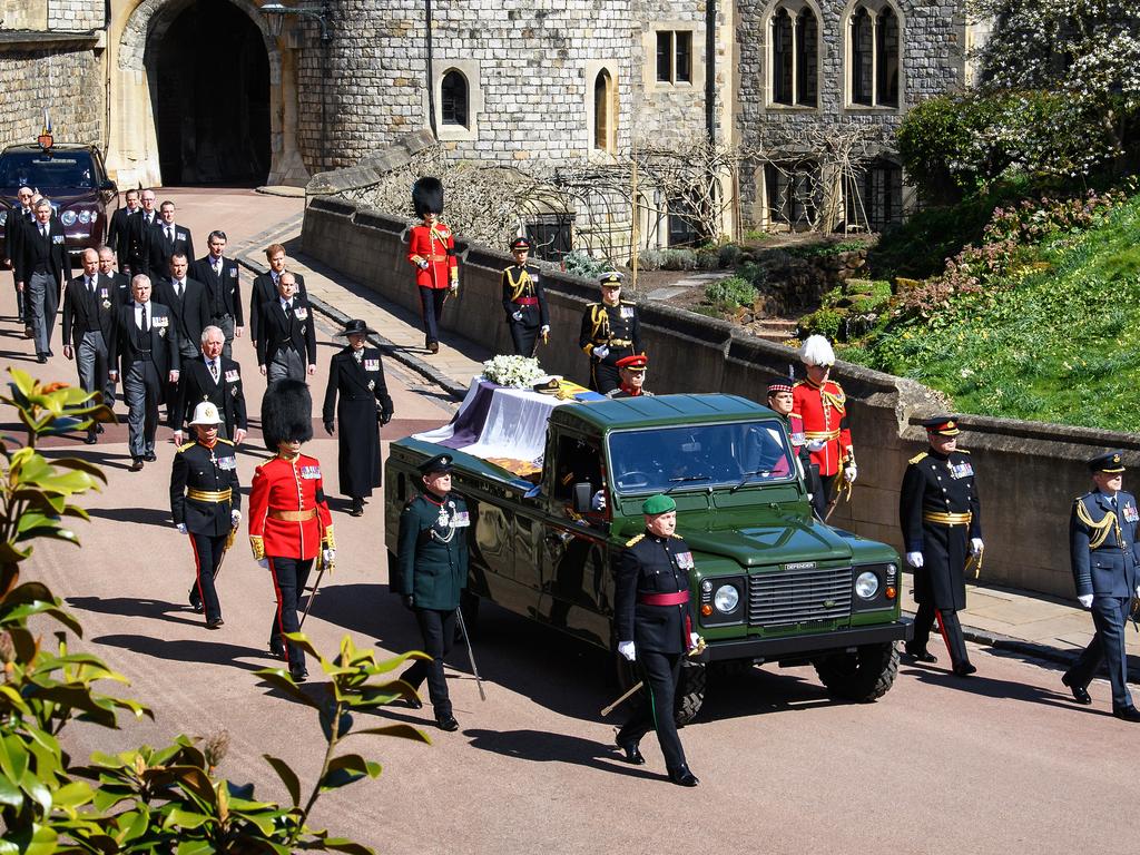 Prince Philip’s coffin is driven to the chapel in a specially designed Land Rover. Picture: Getty Images