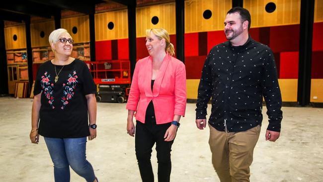 Blackout Theatre Company musical director Koren Beale, The Hills Shire Mayor Michelle Byrne and Blackout Theatre Company director John Hanna inspect the progress of the Pioneer Theatre. Pictures: Angelo Velardo