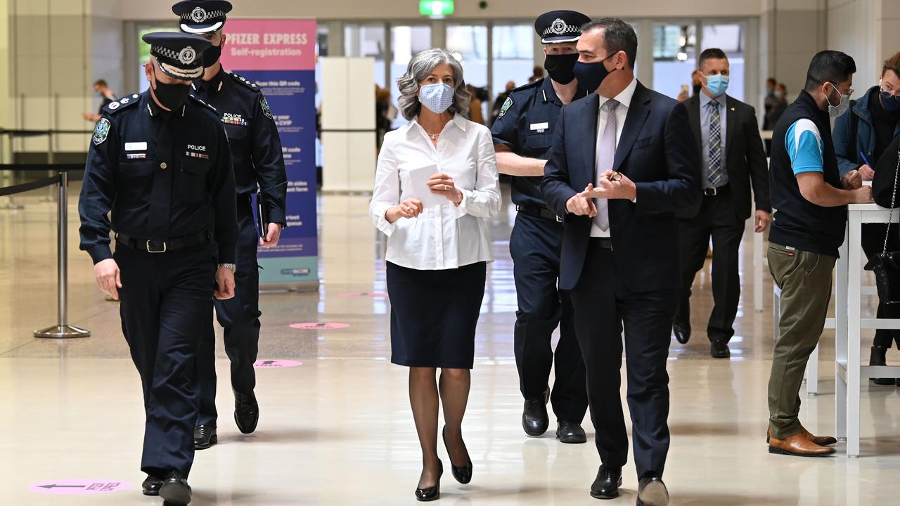 Premier Steven Marshall, Professor Nicola Spurrier (centre) and police commissioner Grant Stevens. Picture: Naomi Jellicoe