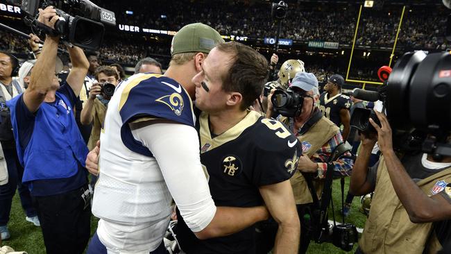 New Orleans Saints quarterback Drew Brees (9) greets Los Angeles Rams quarterback Jared Goff. Picture: AP