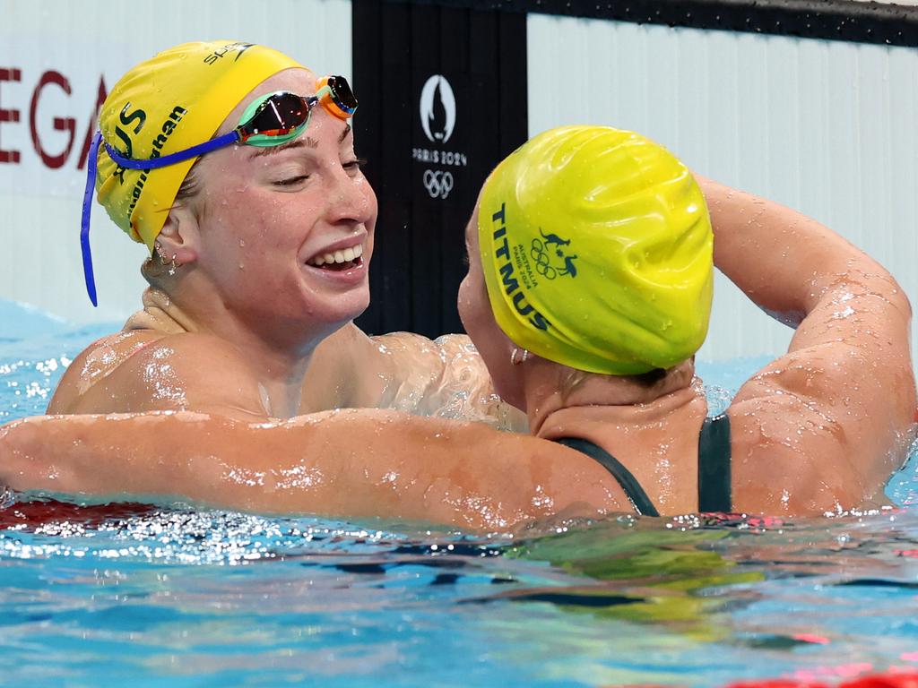 Mollie O’Callaghan celebrates with Ariarne Titmus after their 1-2 finish in the 200m freestyle at the Paris Olympics. Picture: Adam Head