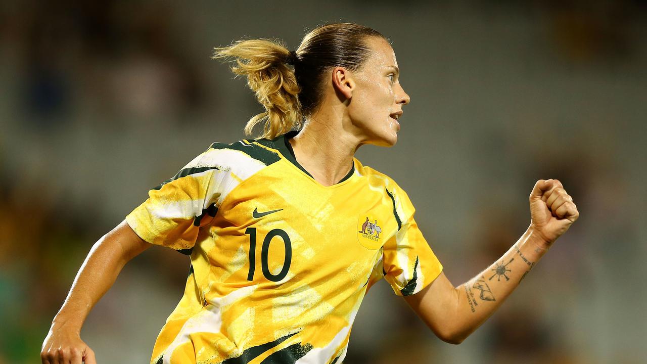 Emily van Egmond celebrates scoring for the Matildas. Picture: AAP Image/Mark Nolan