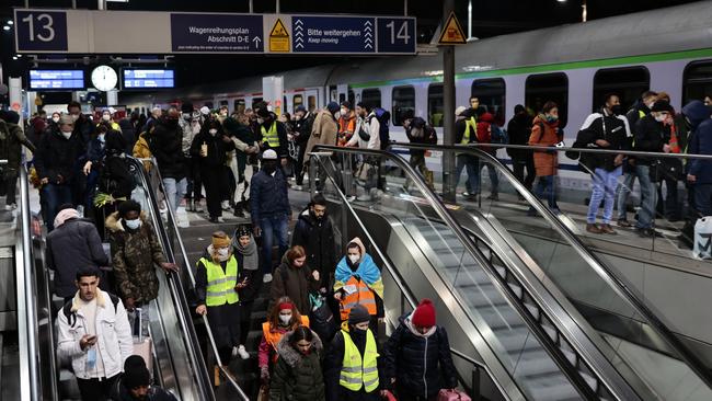 People fleeing war-torn Ukraine arrive on a train from Warsaw at Hauptbahnhof main railway station, Berlin, on March 2, 2022. Picture: Getty Images