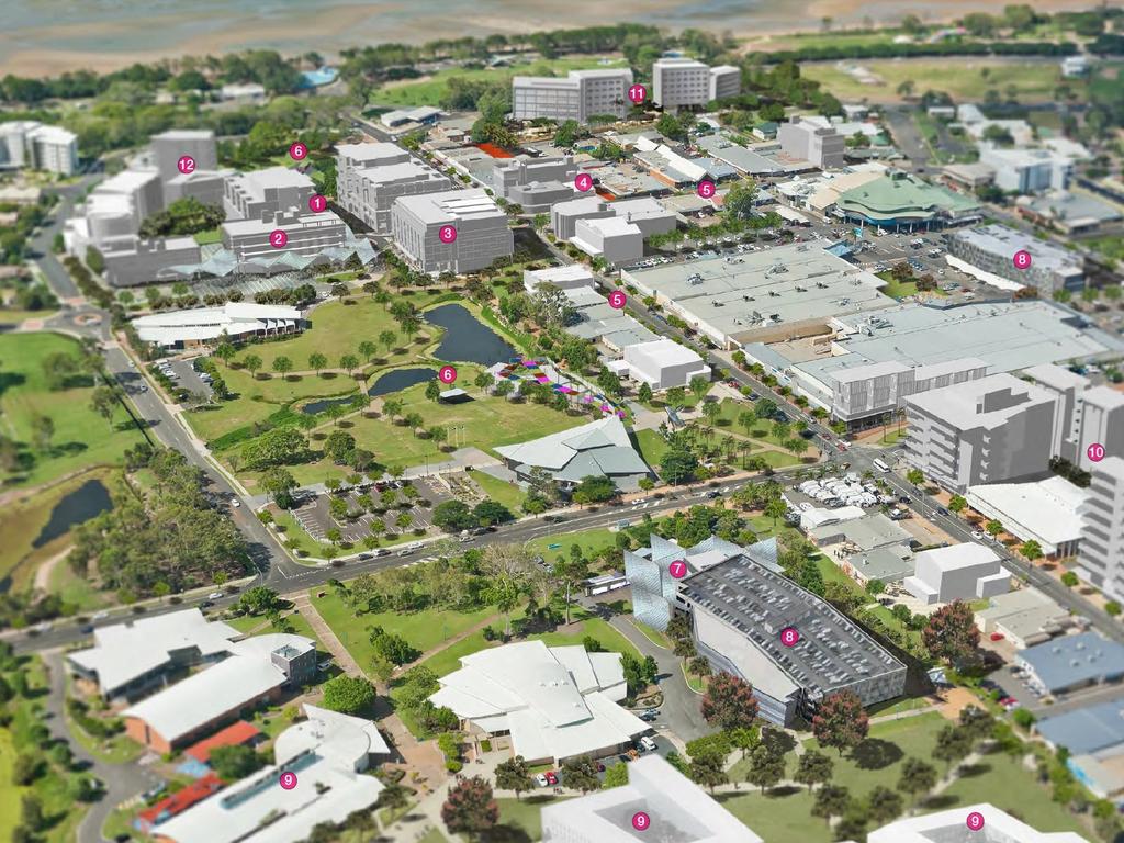 CBD VISION: An artist's impression of the Hervey Bay CBD Urban Renewal Master Plan, showcasing the new location of the council admin building (2), eat street (1), parking structure (8) and residential and office developments (10-12).