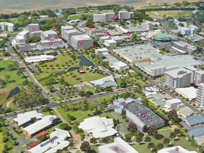 CBD VISION: An artist's impression of the Hervey Bay CBD Urban Renewal Master Plan, showcasing the new location of the council admin building (2), eat street (1), parking structure (8) and residential and office developments (10-12).