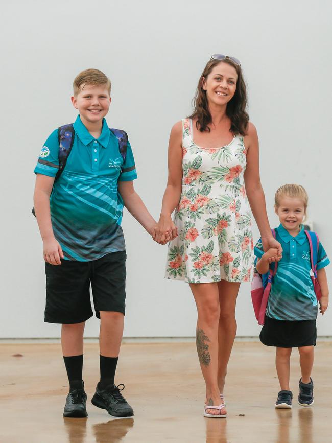 Kayla Soffe with her kids Kayden and Mia Fergussen on Mia’s first day of school at Zuccoli Primary. Picture: GLENN CAMPBELL
