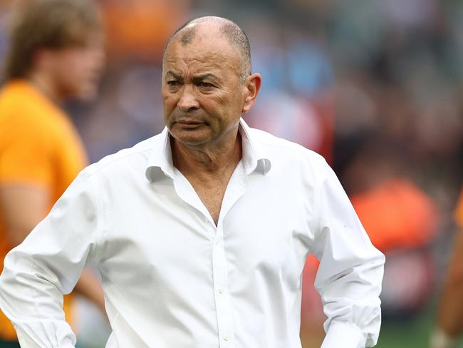 SAINT-ETIENNE, FRANCE - SEPTEMBER 17: Head Coach, Eddie Jones looks on during the Rugby World Cup France 2023 match between Australia and Fiji at Stade Geoffroy-Guichard on September 17, 2023 in Saint-Etienne, France. (Photo by Chris Hyde/Getty Images)