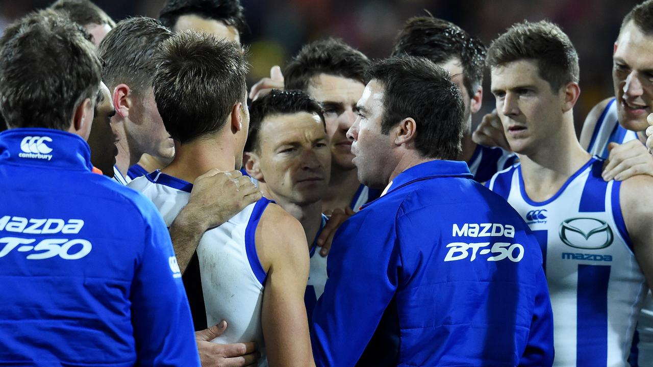 Brad Scott leading the Roos in 2016. Picture: Tracey Nearmy