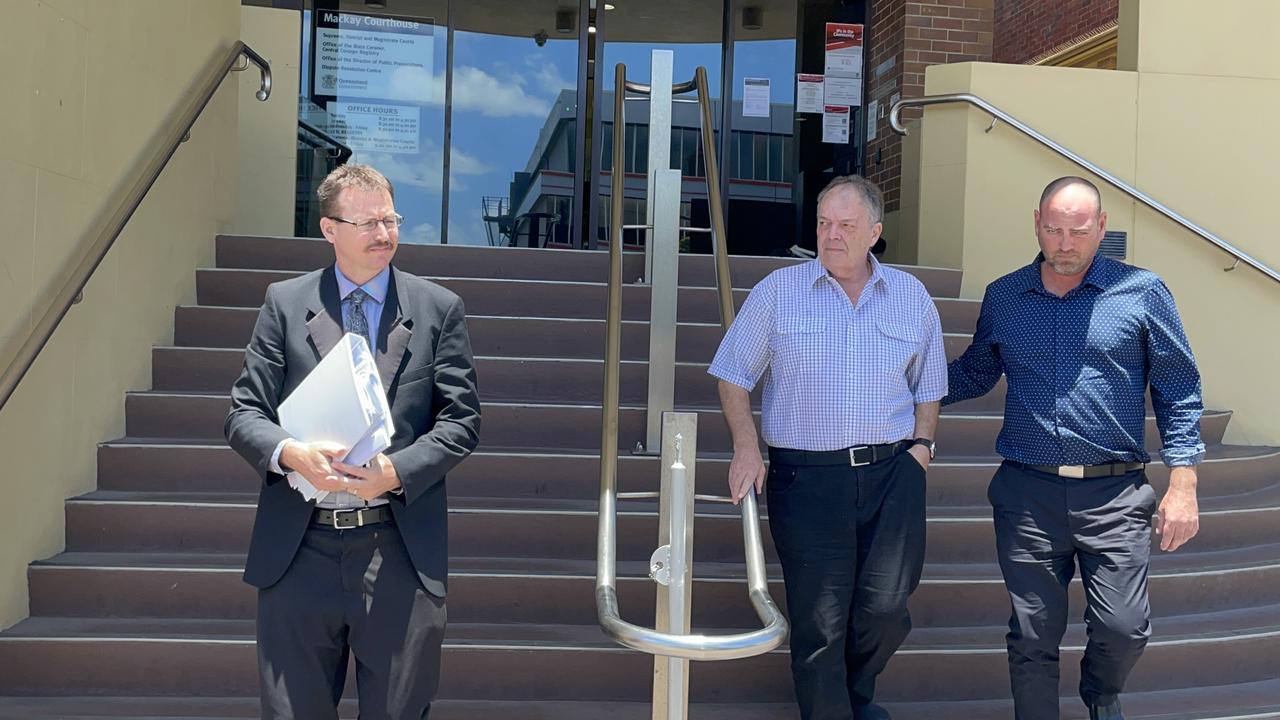 Andergrove man Phillip Williams (middle) leaves Mackay courthouse after pleading guilty to driving without due care and attention causing death over fatal crash that tragically claimed the life of his wife on August 5, 2022 at Anakie Siding. Picture: Janessa Ekert