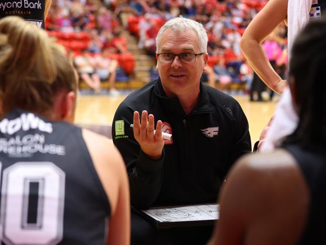 PERTH, AUSTRALIA - JANUARY 07: Shane Heal Head Coach of the Sydney Flames talks to the players during the 3rd quarter time break during the round nine WNBL match between Perth Lynx and Sydney Flames at Bendat Basketball Stadium, on January 07, 2023, in Perth, Australia. (Photo by James Worsfold/Getty Images)