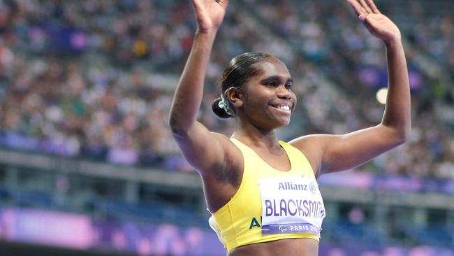 Australian paralympic 400m runner Telaya Blacksmith lines up for the 400m T-20 class at the Paris Paralympics on Monday night, September 2, 2024. Photo: Jacquelin Magnay