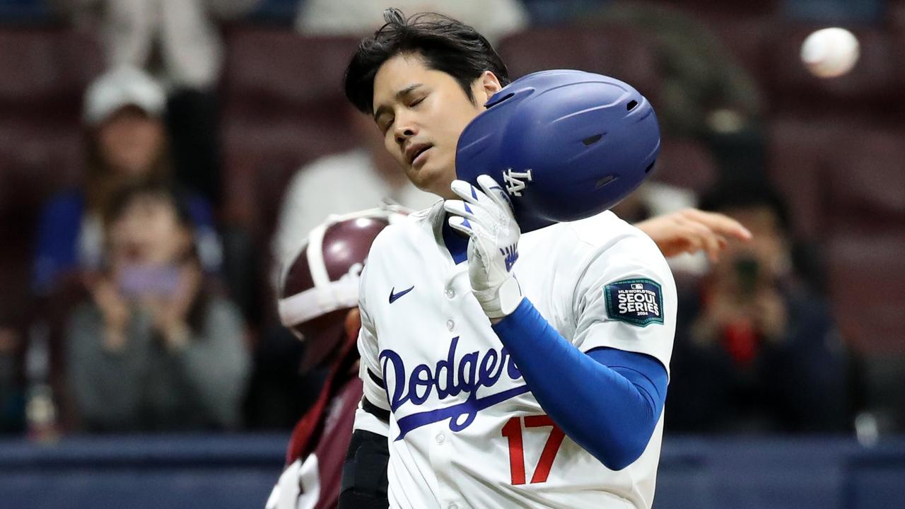 SEOUL, SOUTH KOREA - MARCH 17: Shohei Ohtani #17 of the Los Angeles Dodgers reacts after striking out in the 1st inning during the exhibition game between Los Angeles Dodgers and Kiwoom Heroes at Gocheok Sky Dome on March 17, 2024 in Seoul, South Korea. (Photo by Chung Sung-Jun/Getty Images)