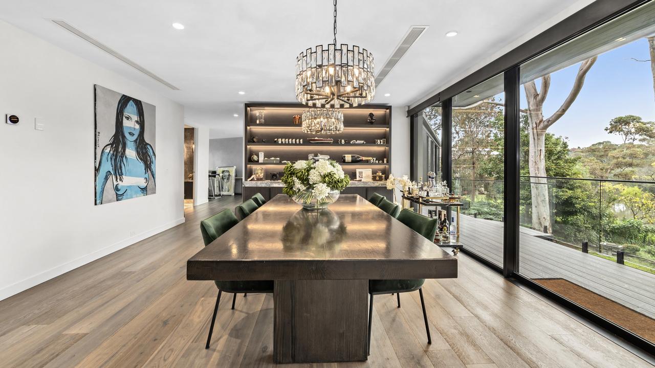 The formal dining room with balcony.