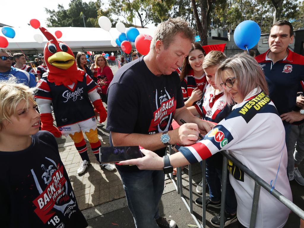 Roosters coach Trent Robinson pictured at the Sydney Roosters fan morning at Moore Park after the Roosters win in the 2019 NRL Grand Final. Picture: Richard Dobson