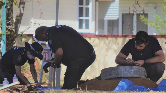 Investigators digging up the backyard in Chinchilla for a number of days in late 2019, months after Kaydence was reported missing. Pictures: Peta McEachern