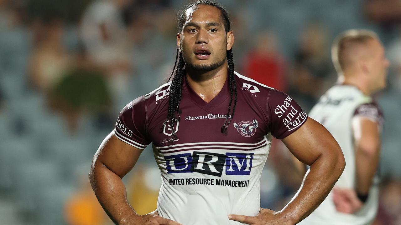 GOSFORD, AUSTRALIA - APRIL 09: Martin Taupau of Manly Sea Eagles during the round five NRL match between the New Zealand Warriors and the Manly Sea Eagles at Central Coast Stadium, on April 09, 2021, in Gosford, Australia. (Photo by Ashley Feder/Getty Images)