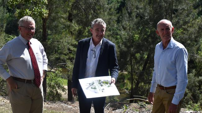 Page MP Kevin Hogan with Richmond Valley Council Mayor Robert Mustow and Federal Local Government Minister Mark Coulton at the Casino Drill Hall site, part of the draft budget’s infrastructure plan.