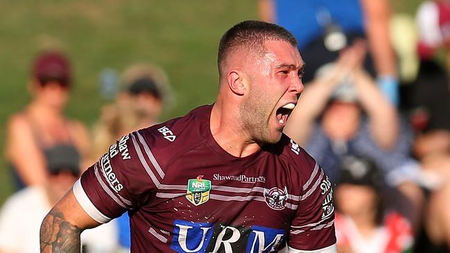 SYDNEY, AUSTRALIA - MARCH 18: Curtis Sironen of the Sea Eagles celebrates scoring a try during the round two NRL match between the Manly Sea Eagles and the Parramatta Eels at Lottoland on March 18, 2018 in Sydney, Australia. (Photo by Jason McCawley/Getty Images)