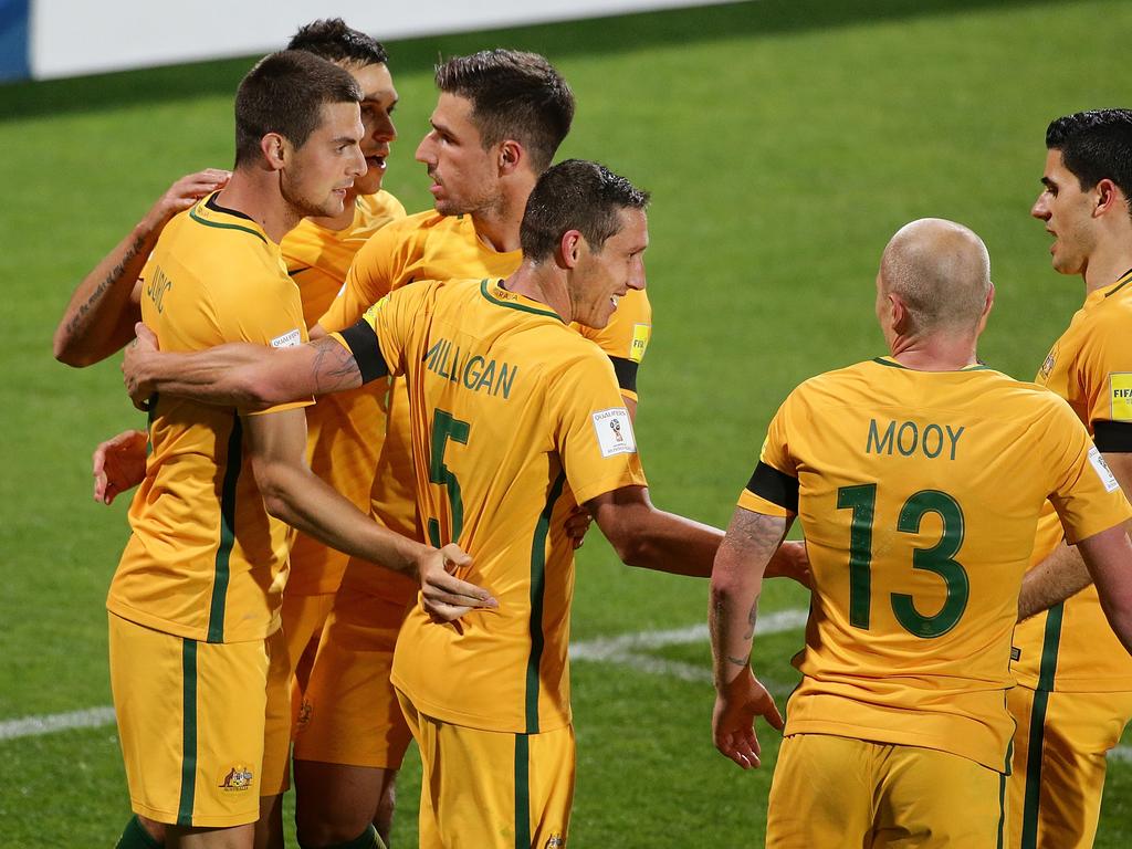 The Socceroos celebrate a goal during their 2-0 win over Iraq in Perth in September, 2016. Picture: Will Russell/Getty Images