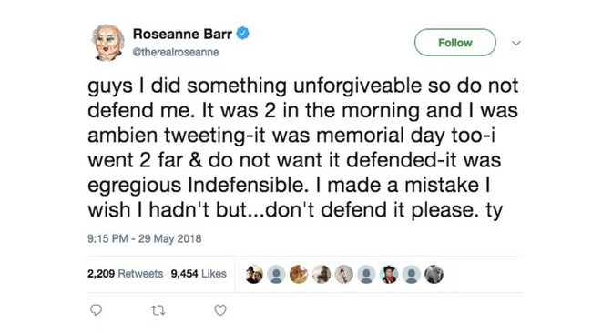 Roseanne Barr deleted her tweet blaming ambien for her racist post.