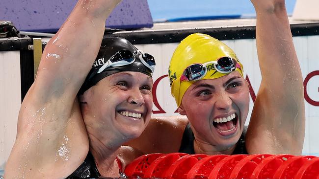 NANTERRE, FRANCE - SEPTEMBER 04: Christie Raleigh-Crossley of Team United States celebrates with Alexa Leary of Team Australia  on day seven of the Paris 2024 Summer Paralympic Games at Paris La Defense Arena on September 04, 2024 in Nanterre, France. (Photo by Sean M. Haffey/Getty Images)