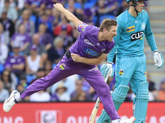 Hurricanes bowler James Faulkner was forced off with a calf injury. Picture: AAP