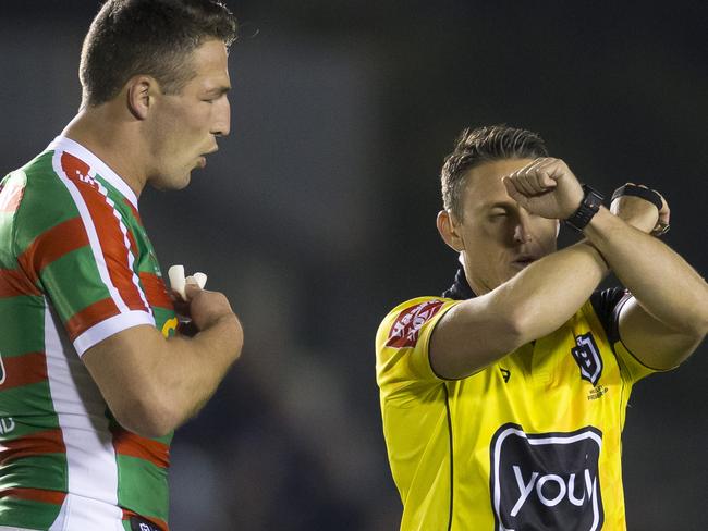 Sam Burgess of the Rabbitohs on report during the Round 20 NRL match between the Cronulla Sharks and the South Sydney Rabbitohs at Pointsbet Stadium in Sydney, Saturday, August 3, 2019. (AAP Image/Craig Golding) NO ARCHIVING, EDITORIAL USE ONLY