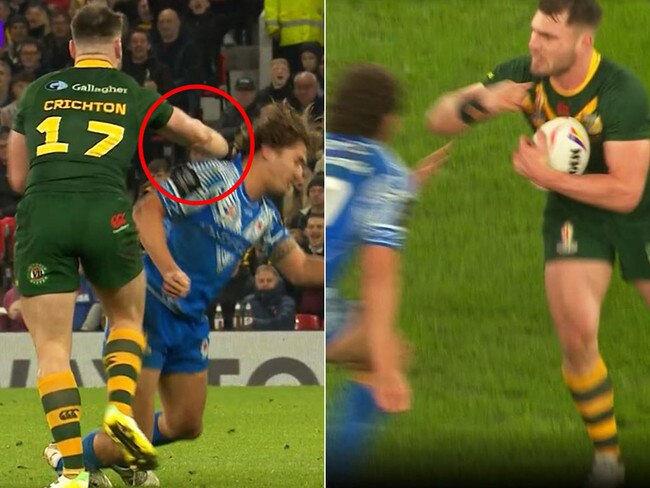 Angus Crichton's elbow connects with Chanel Harris-Tavita. Pic: Fox Sports