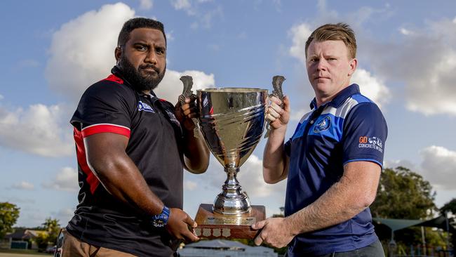 2019 Grand Final rematch between Helensvale and Griffith Uni Colleges. Helensvale captain Scott Stokes and a Lesi Semi from Griffith. Picture: Jerad Williams