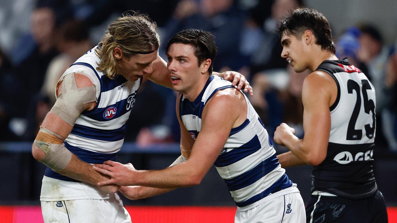 Mark Blicavs (left) and Oliver Henry of the Cats. Picture: Michael Willson/AFL Photos via Getty Images