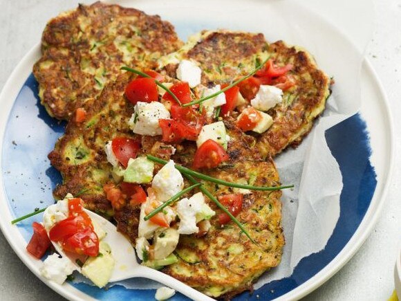 Zucchini, bacon and feta fritters with avocado salsa.