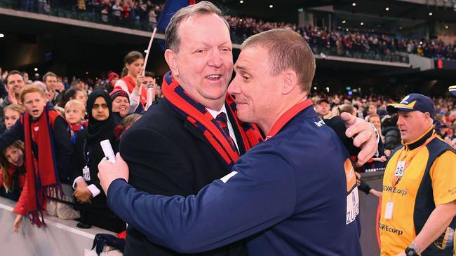 Bartlett with Melbourne coach Simon Goodwin in 2018. Picture: Getty Images