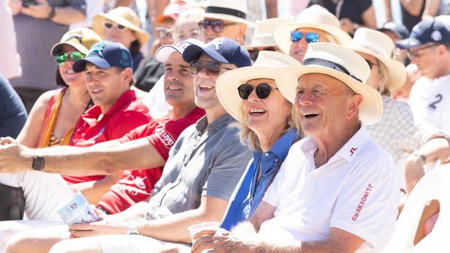 Nicole and Billy Slater, Nacho Figueras, Mike Tindall, Katie Page and Gerrry Harvey at the Magic Millions barrier draw. Picture: Luke Marsden