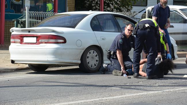 Police arrest a man after a car was stolen and then involved in multiple-car crash at Murray Bridge. Picture: Dani Brown / Murray Valley Standard