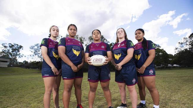 L-R: Ariana Henderson, Lina Tanielu, Shalom Sauaso, Rilee Jorgensen and Dmaris Setu posing at Ipswich State High School, 1 Hunter St, Brassall, Brisbane, 20th of May 2021. (News Corp/Attila Csaszar)