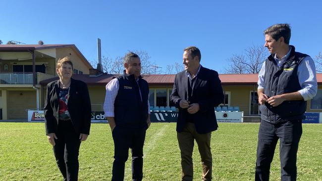 Singleton mayor Sue Moore, deputy premier John Barilaro, Singleton Rugby Club secretary Cameron Williams and Nationals Upper Hunter candidate David Layzell at Singleton Rugby Club. Picture: Emily Burley.